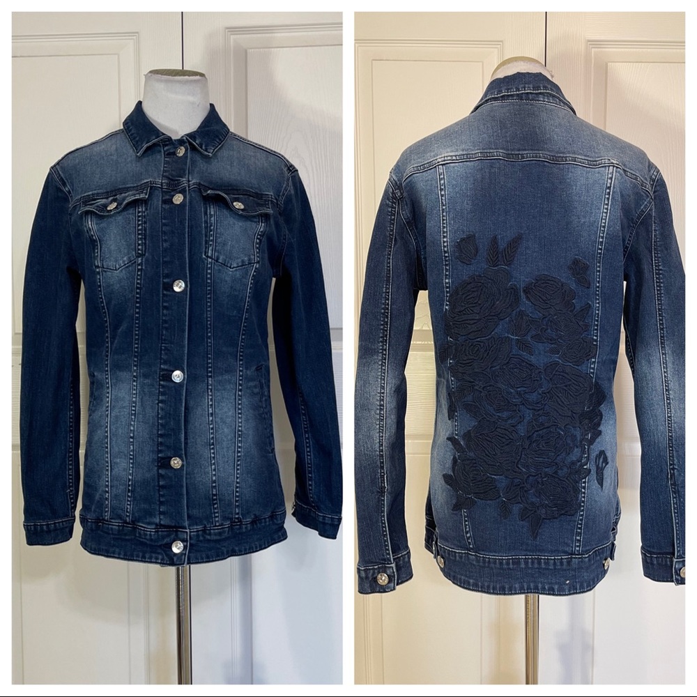 Lularoe Jaxon Embroidered Roses Denim Jean Jacket